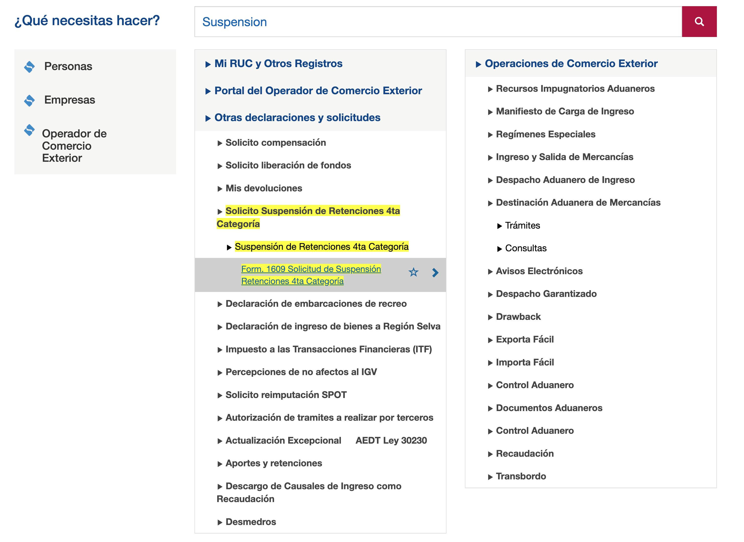 Navegación en SUNAT SOL — buscando 'Suspension' y haciendo click en 'Form. 1609 Solicitud de Suspensión de Retenciones 4ta Categoría'