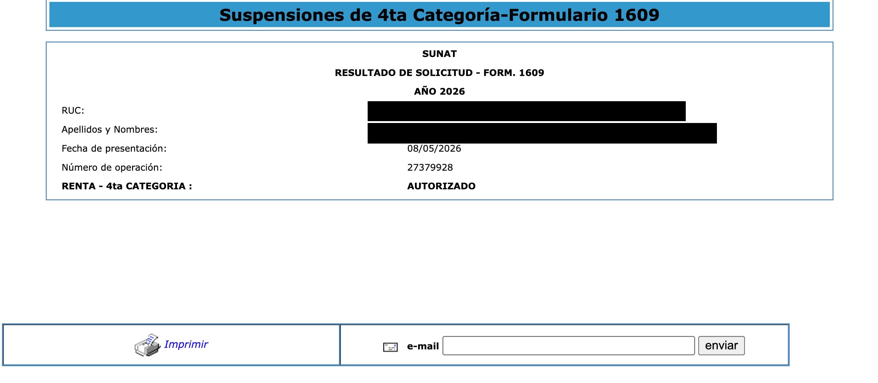 SUNAT — Resultado de Solicitud Formulario 1609, año 2026: AUTORIZADO (RUC y nombre redactados)